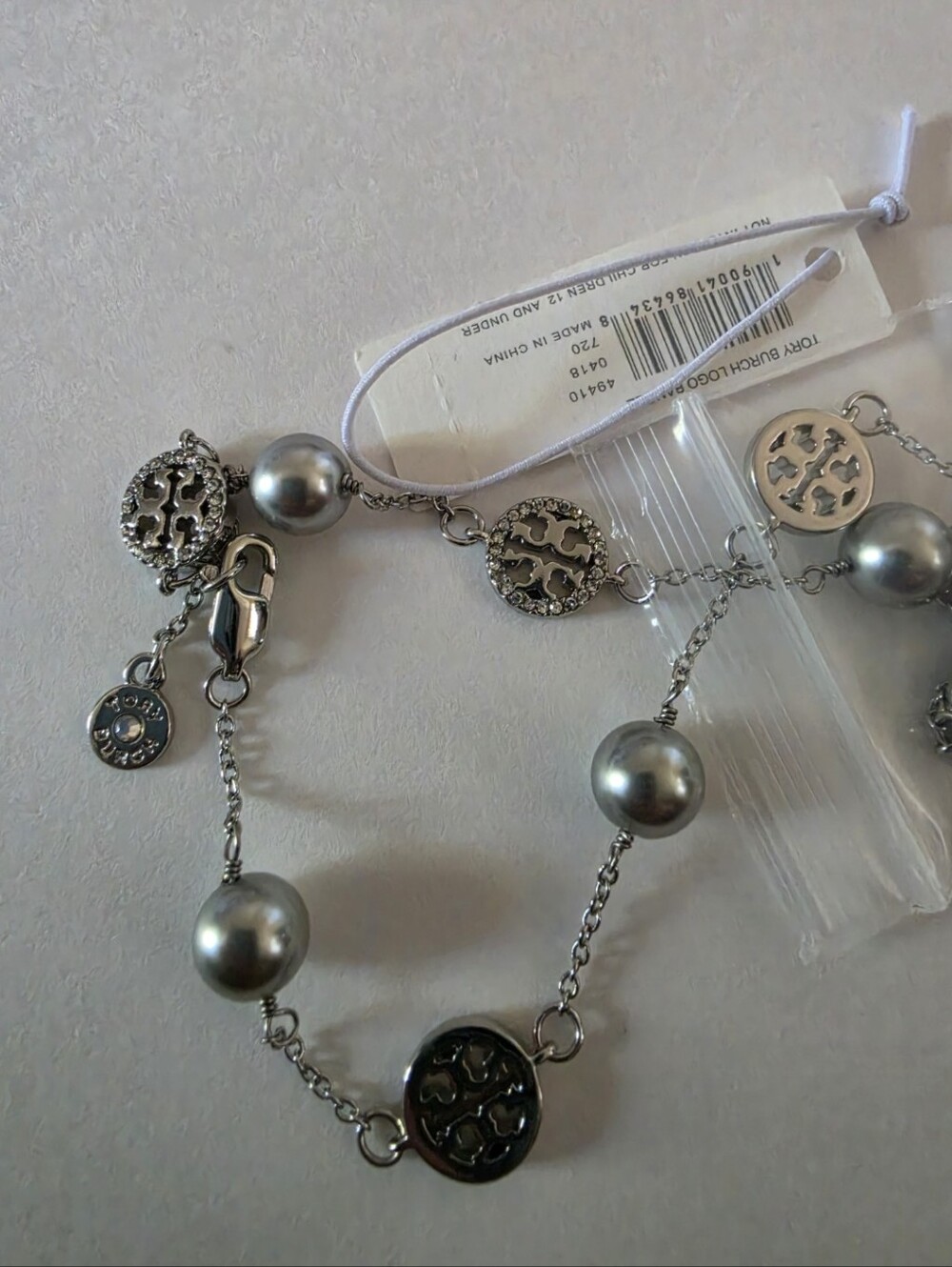 Tory Burch Silver Ball And Logo Necklace with Beaded Charms